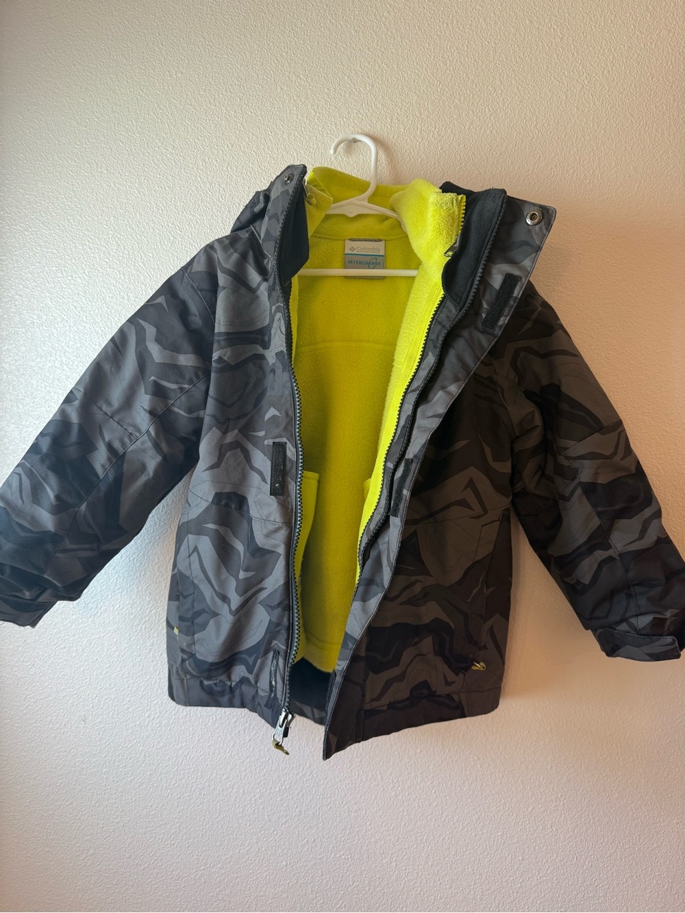 Columbia Kids Gray Camo Puffer Jacket with Neon Yellow Liner